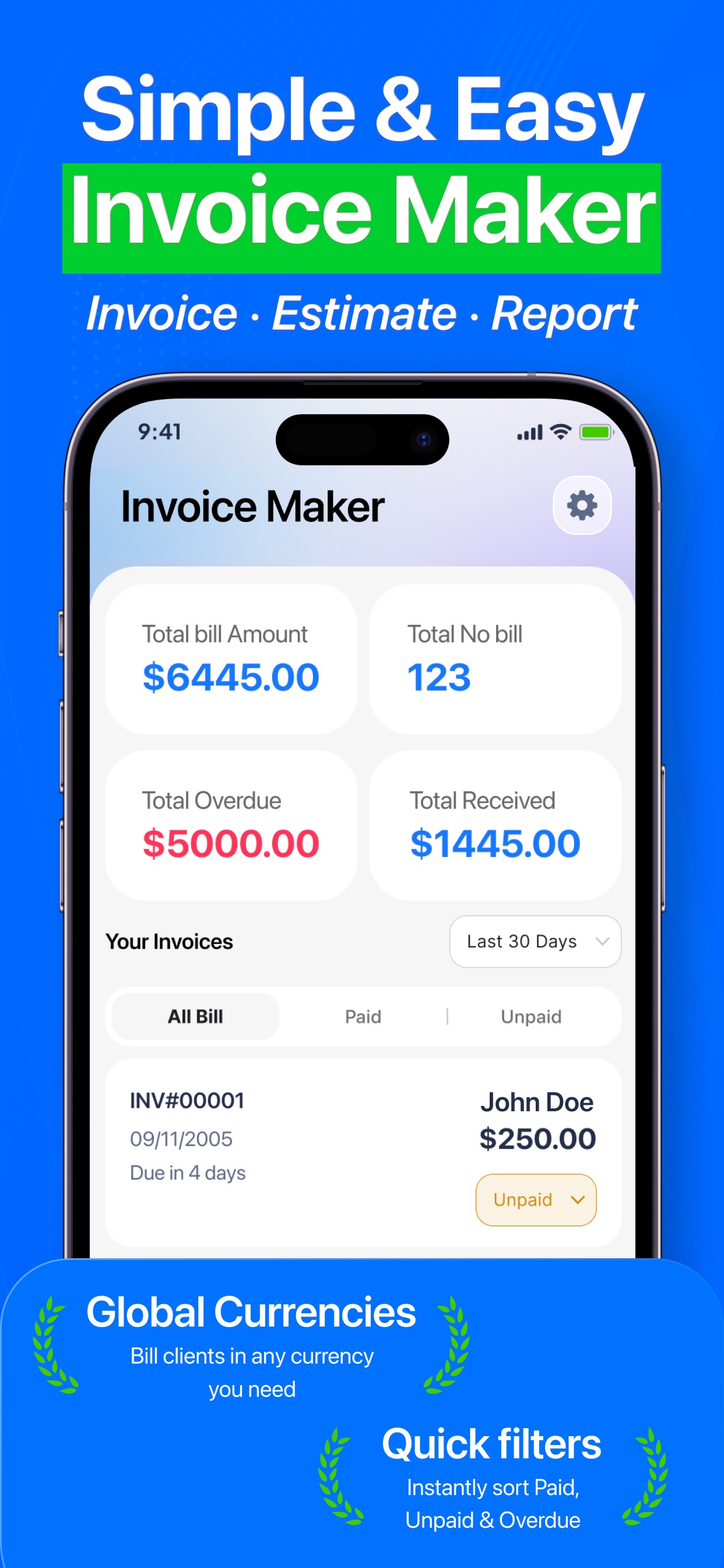 Simple invoice maker dashboard with paid unpaid and overdue filters