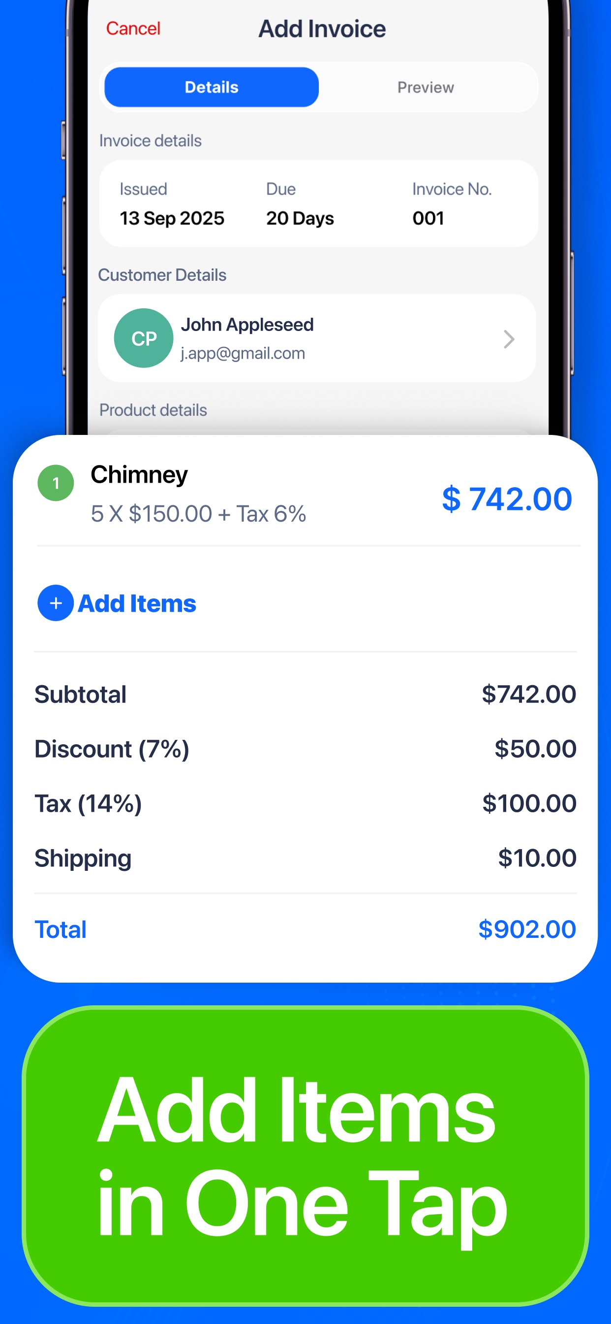 Invoice generator template and billing features on iPhone