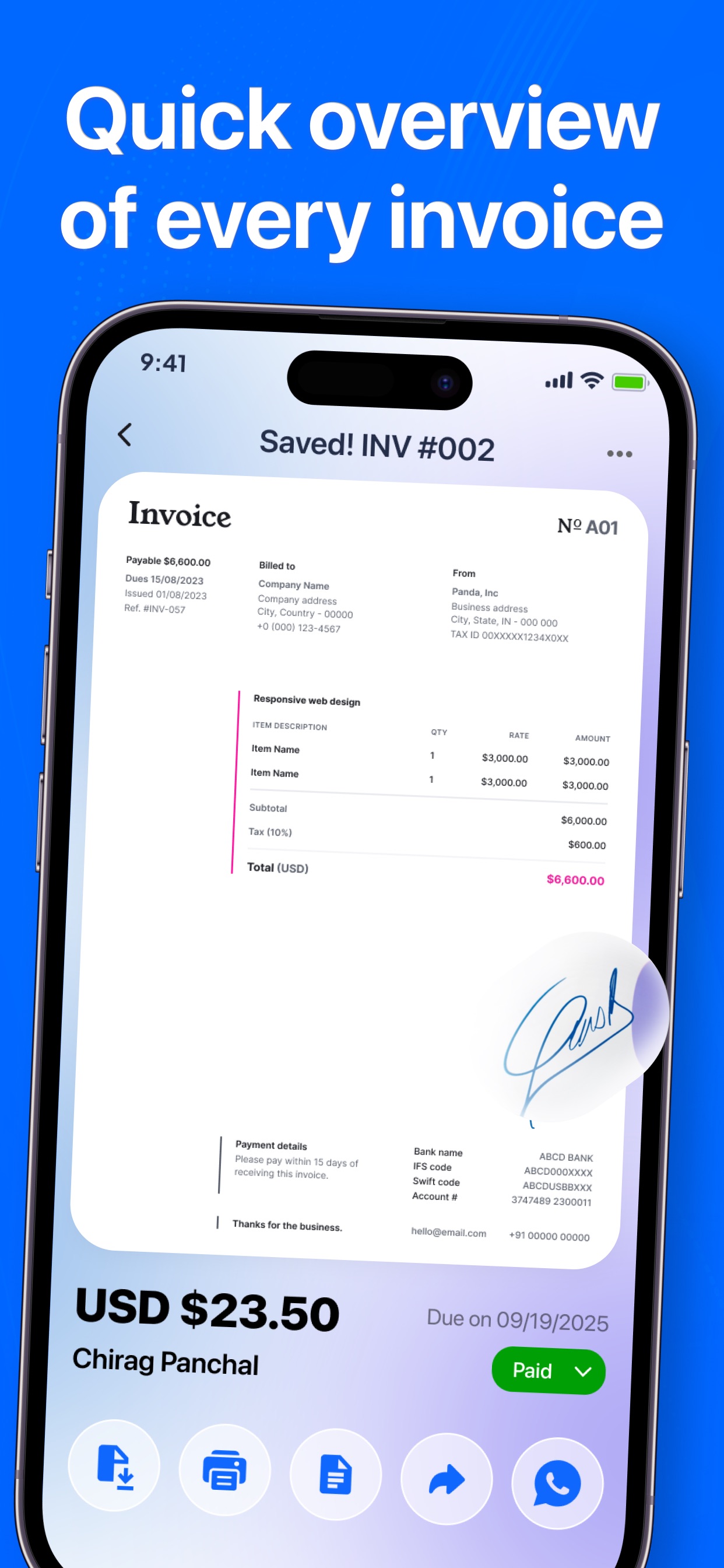 PDF invoice export and client management screens